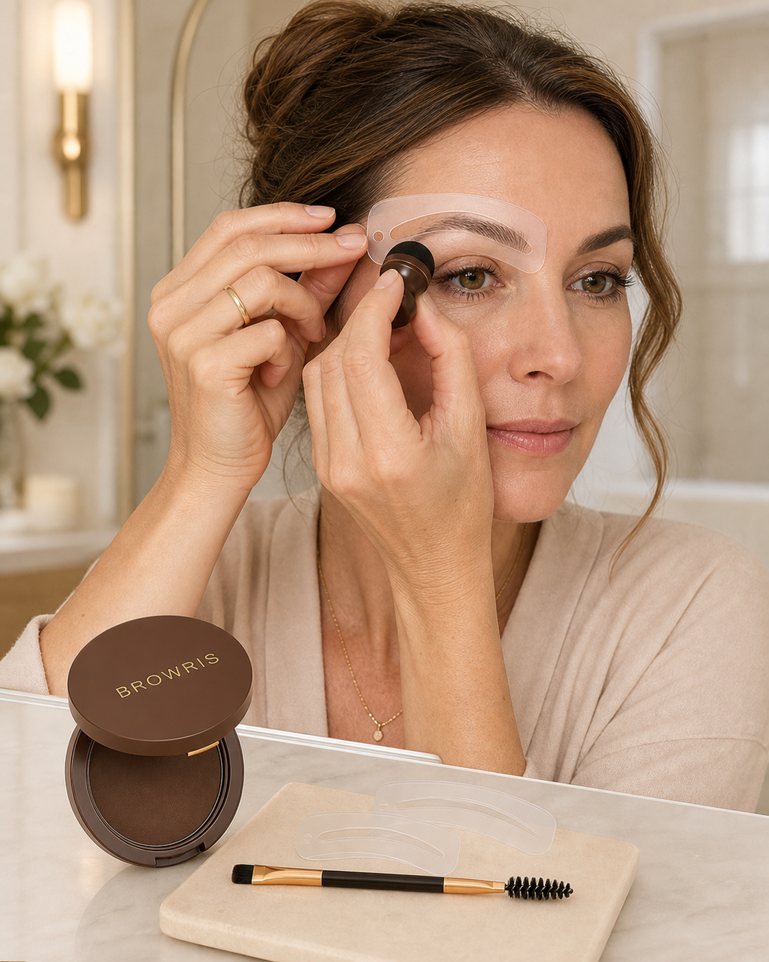 Application du tampon à sourcils BROWRIS avec un pochoir réutilisable