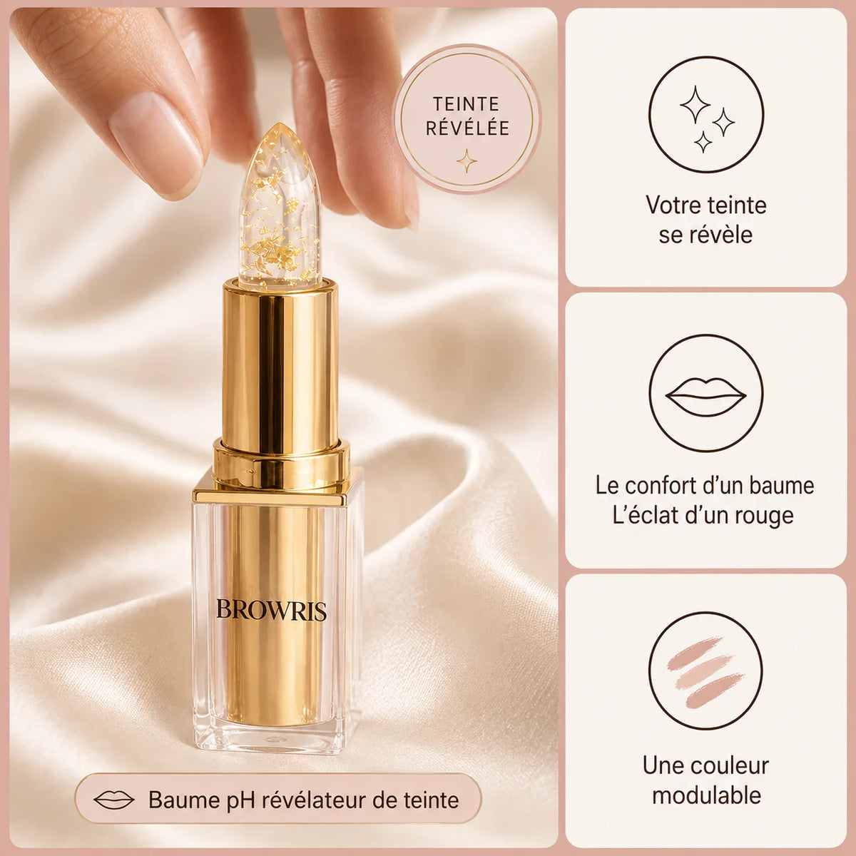 Baume lèvres pH Browris avec trois bénéfices : teinte révélée, confort et couleur modulable